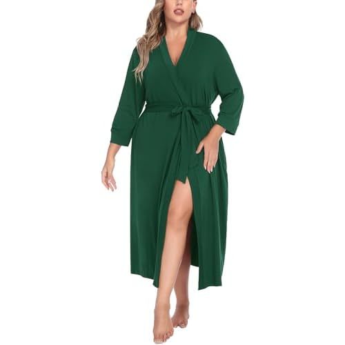 IN'VOLAND Womens Plus Size Kimono Robes Long Knit Bathrobe V Neck Ladies Loungewear Lightweight Soft Sleepwear 1X-5X