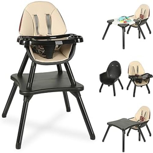 6 in 1 Baby High Chair, Convertible Highchair for Babies and Toddlers, Kids Learning Table, Building Block Table, Infant Dining Booster Seat, Toddler Chair with 5-Point Safety Harness (Black)