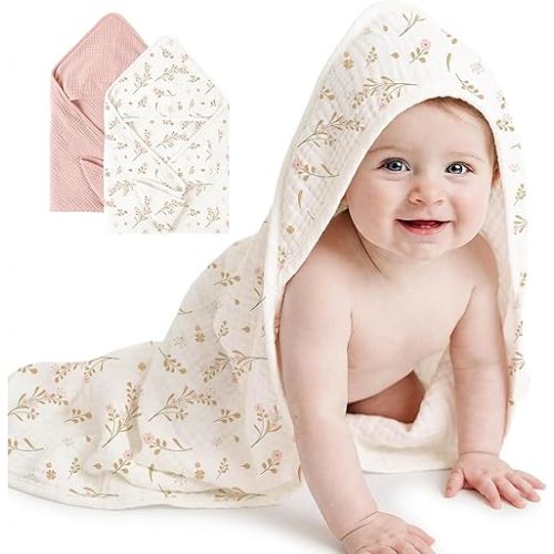 Konssy 2-Pack Muslin Hooded Baby Towels, 100% Cotton, Ultra-Soft & Absorbent Baby Bath Towels with Hood for Newborn & Infant (Pink, Floral,32" x 32")