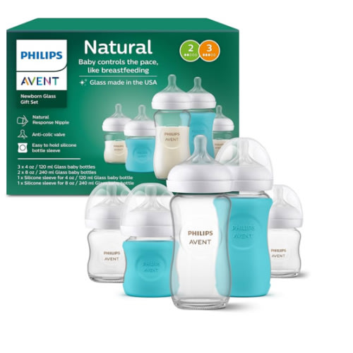 Philips Avent Natural Newborn Glass Gift Set, Baby Bottles with Natural Response Nipples, 3X 4oz (Slow Flow, Flow 2) and 2X 8oz (Medium Flow, Flow 3), 2X Silicone Sleeves, SCD858/01