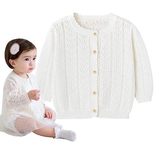 Simplee kids Baby Girl Thin Sweater Solid White Pink Cardigans for Toddler 0-3Years