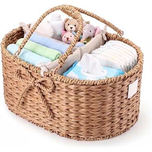 Colingmill Large Natural Seagrass Diaper Caddy Bow Basket with Divider