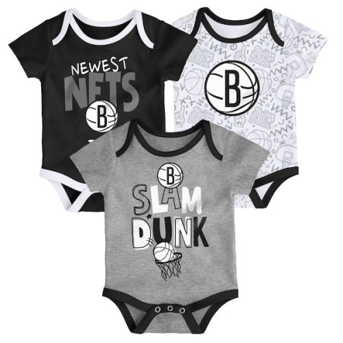 Infant Brooklyn Nets Black/White/Gray Slam Dunk 3-Piece Bodysuit Set