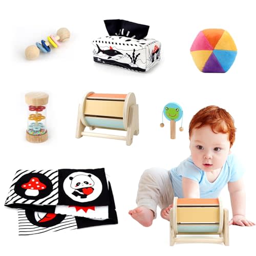 Dulsaera Montessori Toys 7 in 1 Learning Educational Set Newborn Toys, Rainbow Ball, Baby Black and White Books, Tissue Box Toy, Spinning Drum, Rattle Toy