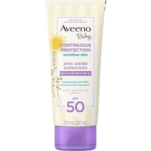 Aveeno Baby Continuous Protection Zinc Oxide Mineral Sunscreen Lotion for Sensitive Skin, Broad Spectrum SPF 50, Tear-Free, Sweat- & Water-Resistant, Paraben-Free, Non-Greasy, 7 fl. oz