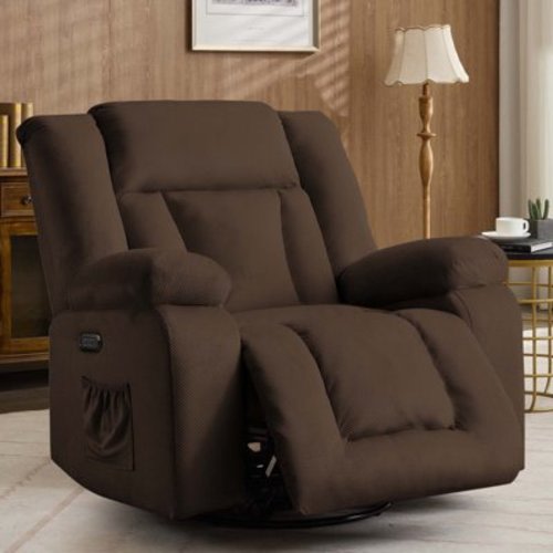 Korser Oversized Power Swivel Rocker Recliner Chair with USB Ports Waffle Fabric for Living Room,Dark Brown
