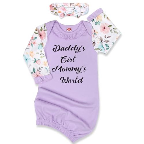 Mikccer Newborn Gown Baby Girl 0-6 Months, Super Soft Baby Little Sister Sleeper Gowns, Babies Girls Nightgowns Coming Home Outfit Infant with Headband Set