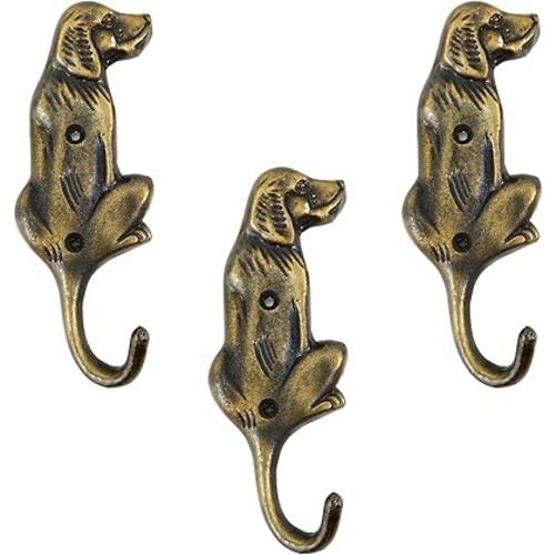 Set of 3 Cast Iron Dog Shape Coat Hooks Wall Art Decor-Dog Shape Hangers and Key Holder-Clothes Rack and Backpack Hanger-Coat Hooks Home Decor for Storage, Living Room,Hallway (Antique Finish)