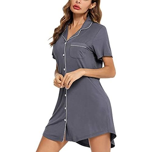 Samring Pajama Nightgown for Women Short/Long Sleeve Button Down Nightwear Top Boyfriend Sleep Shirts Nightdress S-XXL