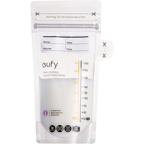 eufy Breast Milk Storage Bag with Temperature Sensing Color Change, Milk Storing Bags for Breastfeeding, 7 oz Disposable Storage Bags, Self-Standing, Leakproof Milk Freeze Storage Pouches (120 Pieces)