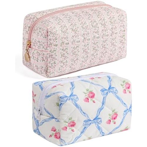 Makeup Bag Travel Cosmetic Bag for Women Girls, Zipper Make Up Pouch, Floral Flowers Toiletry Organizer Makeup, Portable Storage Bag, Cosmetic Travel Cloth Bag (Pink+Blue Bowknot)