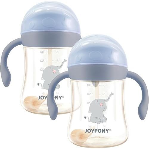Sippy Cups for Toddlers 1-3, Spill Proof Weighted Straw Cup with Handle for Baby 6 Months + old, 2 Pack, Total 4 Silicone Straws, PPSU, BPA Free, 9 oz (Blue)