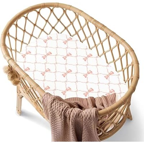 Baby Bassinet Sheet for Boy and Girl, Stretchy Soft and Breathable Baby Bassinet Fitted Sheets, Universal Fitted for Oval, Hourglass & Rectangle Bassinet Mattress, Medium, Pink Bow, 45450