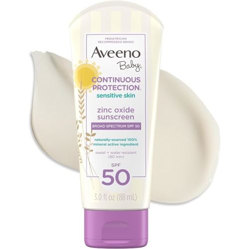 Aveeno Baby Continuous Protection Zinc Oxide SPF 50 Sunscreen for Babies with Sensitive Skin, Broad Spectrum Sun Protection, Tear-Free, Sweat- & Water-Resistant, No added Parabens, 3 Fl Oz