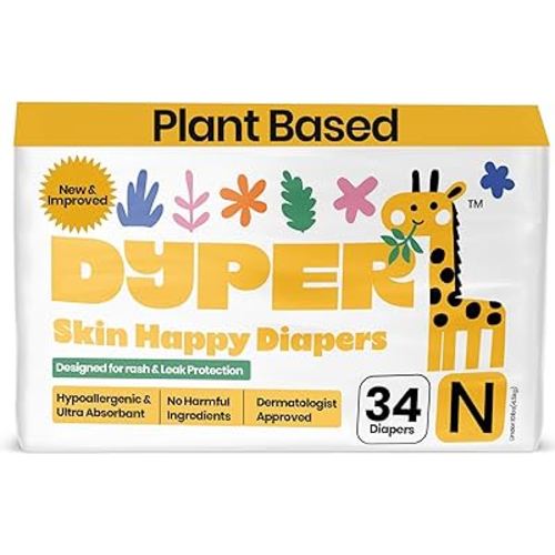 DYPER - Newborn Diapers Size 0 (34Count) - Plant Based Disposable Diapers for Day and Overnight Premium Leak Protection, Skin-Friendly Comfort with Soft Baby Diapers (>10 lbs)