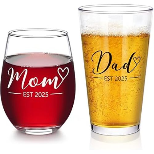 Futtumy New Parents Gift, Mom & Dad Est 2025 Stemless Wine Glass Set for New Parents Parents to Be Mom Dad, New Parents Gifts for Couples, Ideal Gift for Christmas Mother's Day Father's Day