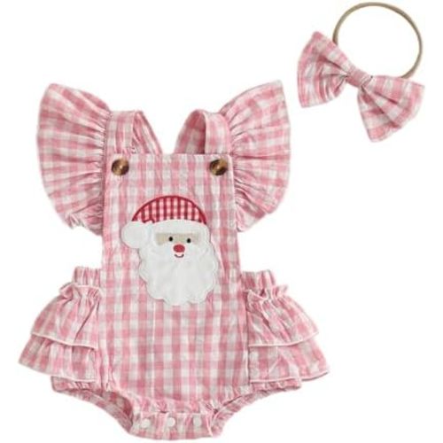 My First Christmas Baby Girl Outfit Santa Embroidery Romper Fly Sleeve Ruffle Plaid Christmas Onesie with Headband
