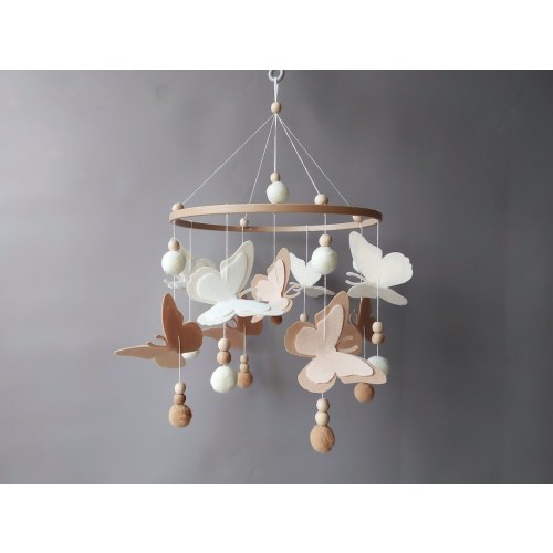 Butterfly mobile baby girl Crib pom pom boho mobile musical bebe Nursery felt baby mobile neutral Hanging ball Cot wood beads mobile