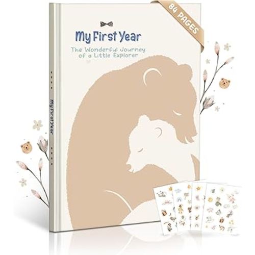 Baby Memory Book for Boys – Boho Design, 84-Page Hardcover Keepsake Journal for First Year, Milestone & Photo Album, Ideal Baby Shower or Newborn Gift, Bear