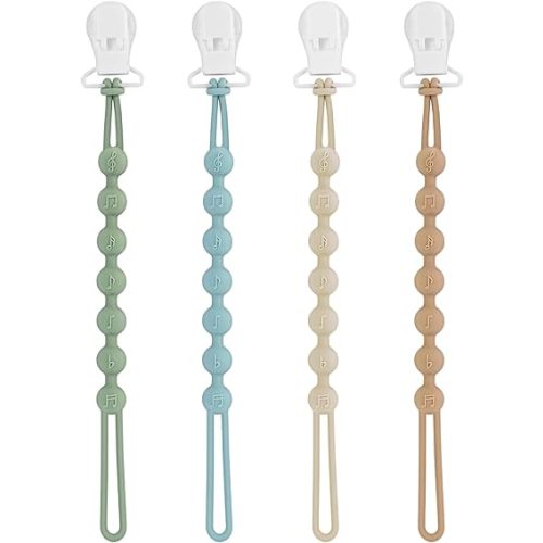 Pacifier Clips for Baby Boys Girl - 100% Food Grade Silicone, One Piece Pacifier Clip Holder, Pack of 4 Paci Clip Soothe Baby Binky Holder for Shower Birthday Gift - A