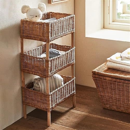 3-Tier Rattan Storage Rack, Hand-Woven Storage Rack, Vertical Tiered Basket for Living Room, Bedroom, Kitchen, Bathroom(Brown,11.8X7.9X23.6in)