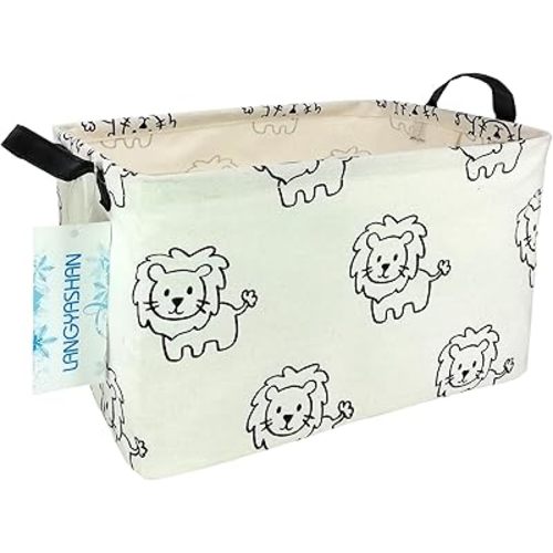 LANGYASHAN Rectangular Storage Bin Collapse Canvas Fabric Cartoon Storage Basket with Handles for Organizing Home Kitchen Boys and Girls Toys Office Closet Shelf Baskets (Rec lion)