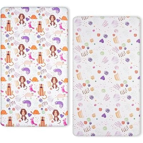 TILLYOU Baby Crib Sheets for Boys Girls, Super Soft Toddler Bed Sheets, 2 Pack Sheets for Standard Crib Mattress 28x52in, Animal Graffiti