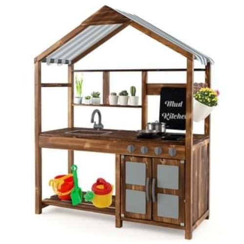 Natural Outdoor Solid Wood Mud Kitchen with Fabric Canopy Ideal Gift for Gifts - 39.5" x 16.5" x 49.5"(L x W x H)