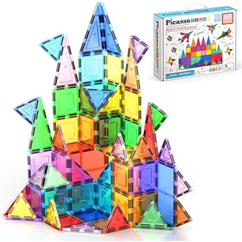 PicassoTiles Magnetic Tiles 60pcs Kids Toys Classroom Sensory Toy for Toddlers STEM Learning Building Blocks, Montessori Pretend Play Magnet Tile Construction Stacking Block Boys Girls Ages 3+ PT60