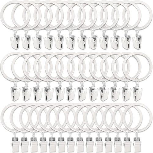 40 Pack White Curtain Rings with Clips, Curtain Hooks Hangers Clip Rings for Hanging Drapes Bows Hat, Drapery Rings 1.5 in I D, Fits up to 1.2 in Diameter Curtain Rod.