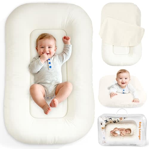 Baby Lounger & Snuggle Nest for Newborn 0-24 Months, Baby Nest Supervised Breathable Cotton for Newborn, Breathable Portable Lounnger for Travel and Home, Cashmere Beige (Lounger Cover Included)