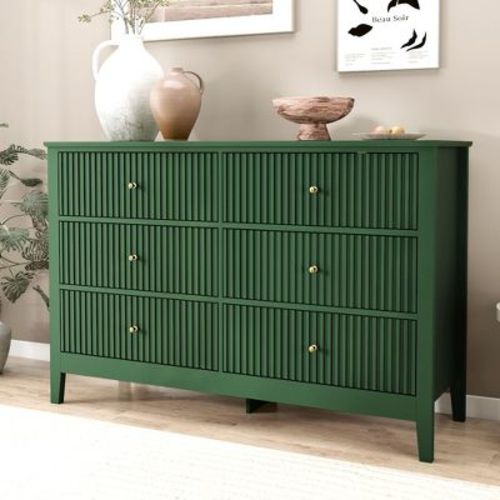 6 Drawers Dresser, Fluted Chest of Drawers with Storage, Modern Wood Wide Storage Dresser with Paint Design
