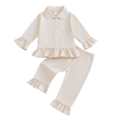 fhutpw Toddler Kids Baby Girl Pajamas Set Solid Color Ruffle Long Sleeve Button Shirt Top Pants Cotton Infant 2Pcs Pjs Set