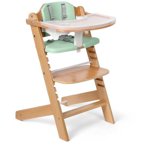 Cowiewie Wooden High Chair, 8 Height Adjustments, 3 Trays, Green Cushion, Beechwood