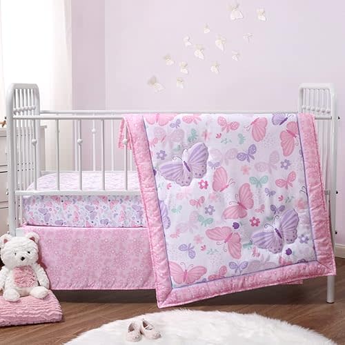 The Peanutshell 3 Piece Baby Crib Bedding Set for Girls - Newborn, Infant & Toddler Nursery Bed Set Decor with Fitted Crib Sheet, Dust Ruffle, Crib Comforter - Butterfly Song
