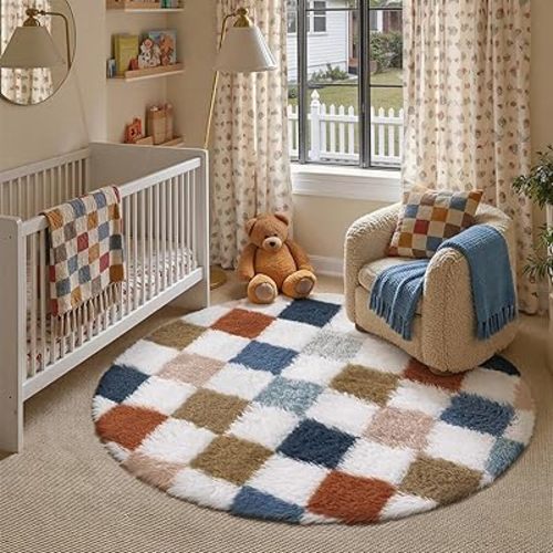 Checkered Rug 4x4 for Living Room, Modern Rainbow Shag Rug Super Soft Washable Indoor Fuzzy Carpet Non-Slip Fluffy Rugs for Bedroom Home Aesthetic Decor