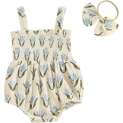 Infant Baby Girl Linen Romper Smocked Bubble Bodysuit Frill Trim Ruffle One-Piece Jumpsuit Casual Cute Summer Clothes