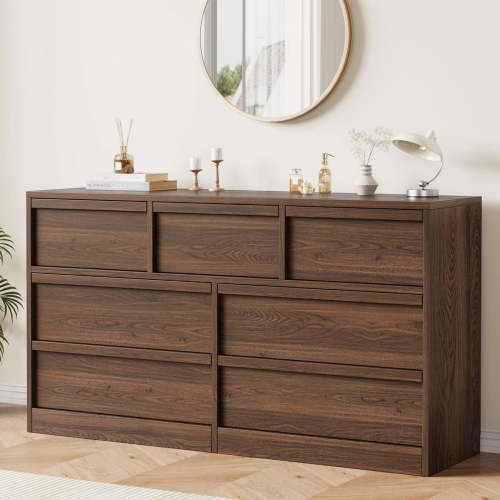 Spacious 7 Drawer Walnut Dresser for Bedroom - Wide Wooden Chest - Large Storage Organizer for Living Room, Nursery, Entryway - Rich Walnut Finish