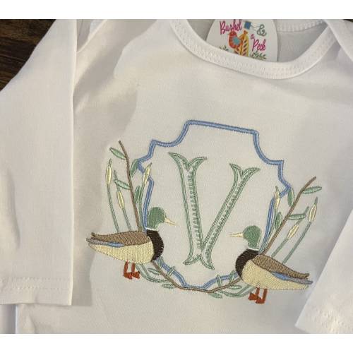 Gown Set, Embroidered Monogram Mallard Ducks Going Home Outfit, Boys/Unisex Layette Gown, Baby Girls Duck Bloomers, Duck Lovers Baby Shower
