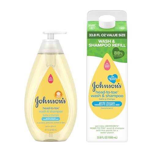 Johnson's Baby Head to Toe Baby Bath Starter Kit, Hypoallergenic Wash & Shampoo for Baby's Sensitive Skin & Hair, Baby Bath Bottle, 27.1 fl. Oz, and Value Size Baby Wash Refill Pack, 33.8 fl. Oz