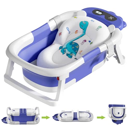 Voseki Baby Bathtub, Collapsible Baby Bathtub with Thermometer, Portable Travel Baby Bath Tub, Newborn to Toddler Baby Tub with Floating Soft Cushion, Suitable for Infants 0-36 Months (Blue)
