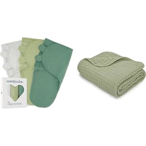 Comfy Cubs Swaddle Blankets and Sage Muslin Blanket Bundled