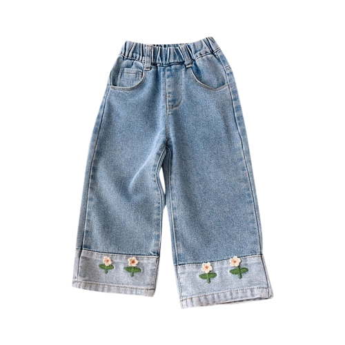 Posijego Toddler Girls Jeans Embroidery Flower High Waisted Wide Leg Denim Trousers Baggy Jeans with Pockets