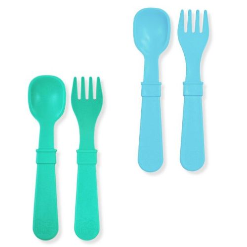Re-Play 4pc Recycled Fork and Spoon Set Aqua and Pool Blue: 50% Post-Consumer Recycled, Polyethylene Handle