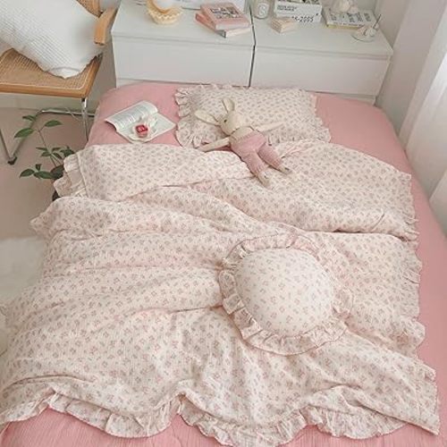 BuLuTu Girls Baby Duvet Cover Pink Flower Duvet Covers Muslin Cotton Toddler Kids Duvet Cover Quilted Protector, 47"x59", Galsang Print (No Filling)