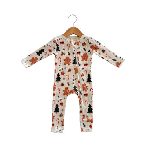 Organic Waffle Basic Zip Romper, Gingerbread Wonderland Snow