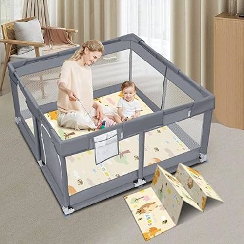 Baby Playpen with Mat, 50x50 inch Playpen for Babies and Toddlers with Mat, Baby Playard Safety Fence Active Center for Indoor