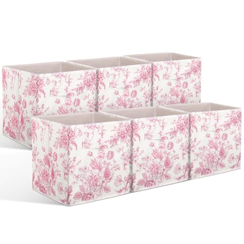 Geelin 6 Pcs Pink Floral Cube Storage Bins 11 Inch Pink Flower Storage Basket with Handle, Preppy Girls Organizer Basket, Collapsible Fabric Box for Classroom Bedrooms Office Home Decoration Gift