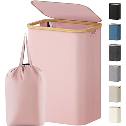 Lifewit Cesta de lavandería de 80 litros con tapa, cestas para ropa sucia con asas de bambú y 1 bolsa extraíble, cesta plegable grande para la ropa sucia para dormitorio, baño, dormitorio, cuarto de