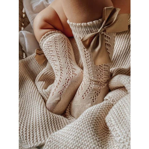 SPANISH OPENWORK LACE KNEE HIGH BOW SOCKS - BEIGE